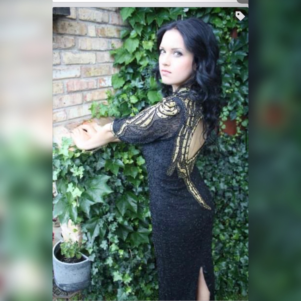 Vintage Beaded Black and Gold split hem gown